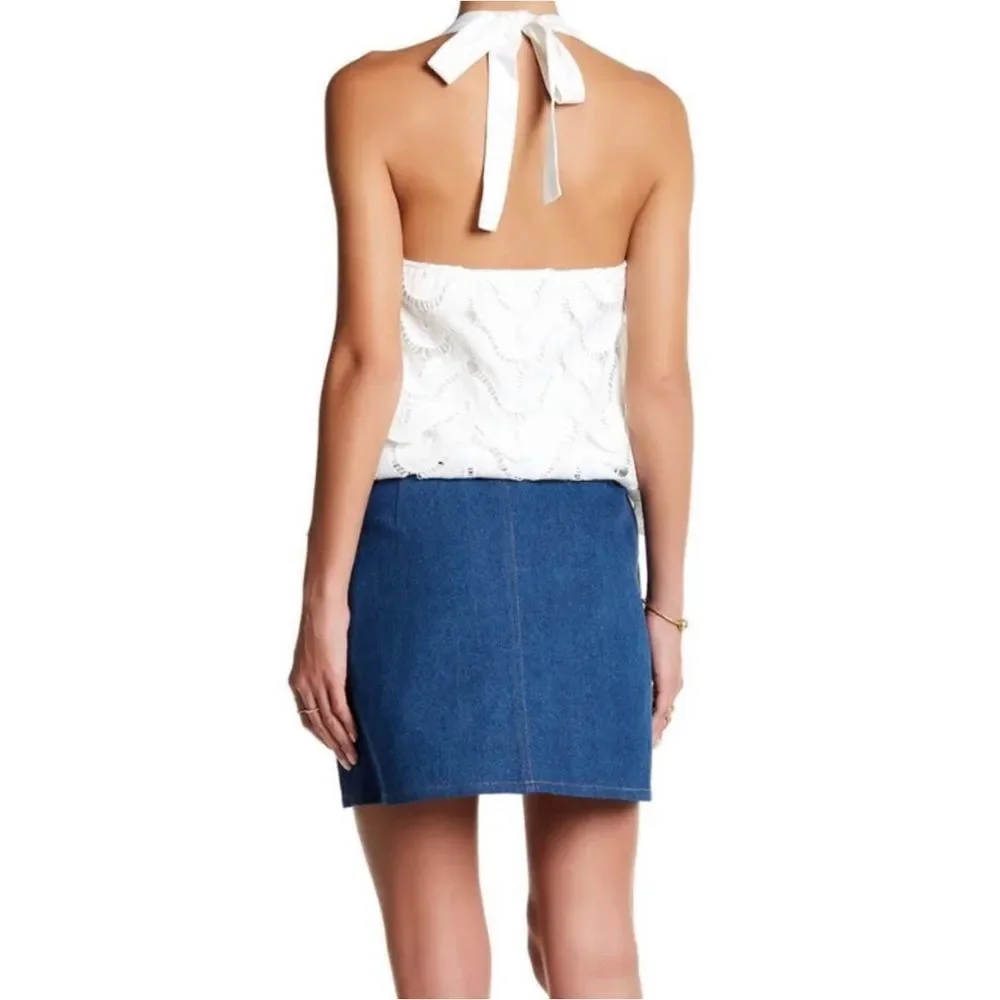 JOA Los Angeles Blue Denim Snap Front A-Line Mini Skirt Sz L NWT